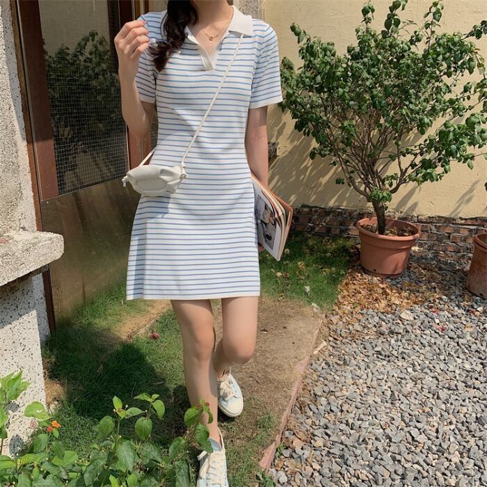 【dress】韓国風スウィートVネック着痩せストライプ柄ニットワンピース G0210