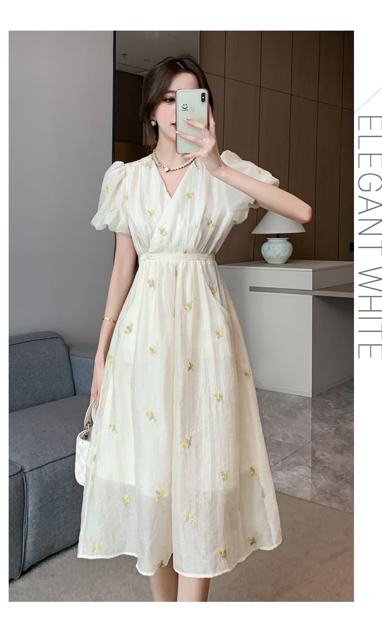 【dress】Vネック花柄パフスリーブワンピース G21582