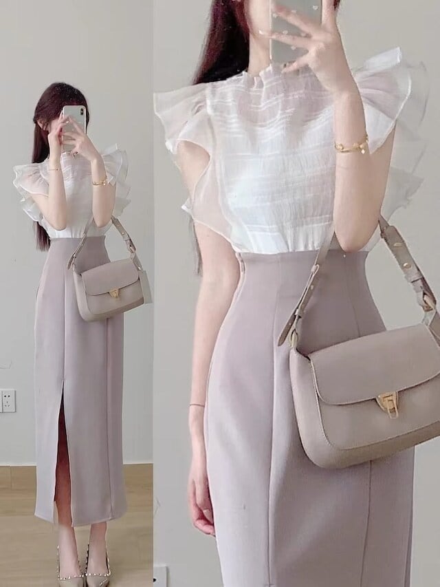 【set】フレンチスリーブトップス+スリットスカートセットF7163