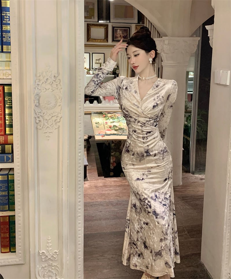 【dress】Vネックプリントワンピース G19641