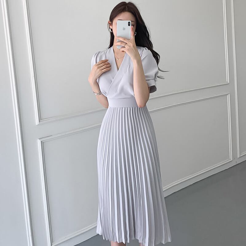 【dress】韓国風気質満点エレガントフェミニンVネックデザインハイウエストワンピースF0039