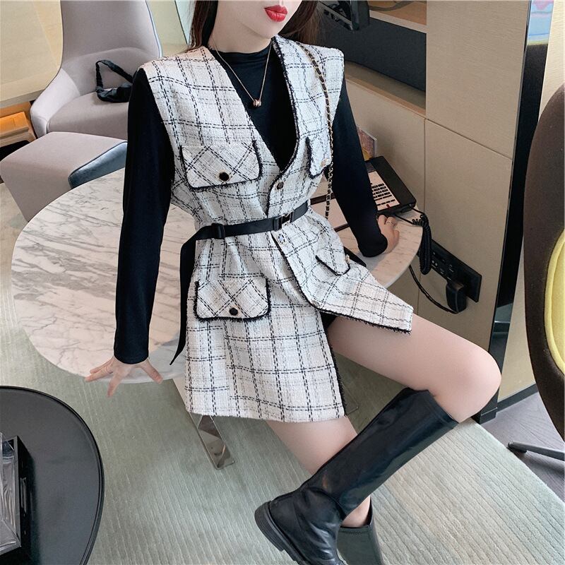 【set】オシャレ度満点〜無地着やせＴシャツ+チェック柄ベスト通勤日常ファッション2点セットF0782