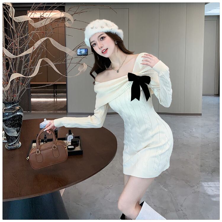 【dress】リボン付きニットワンピース　M28330
