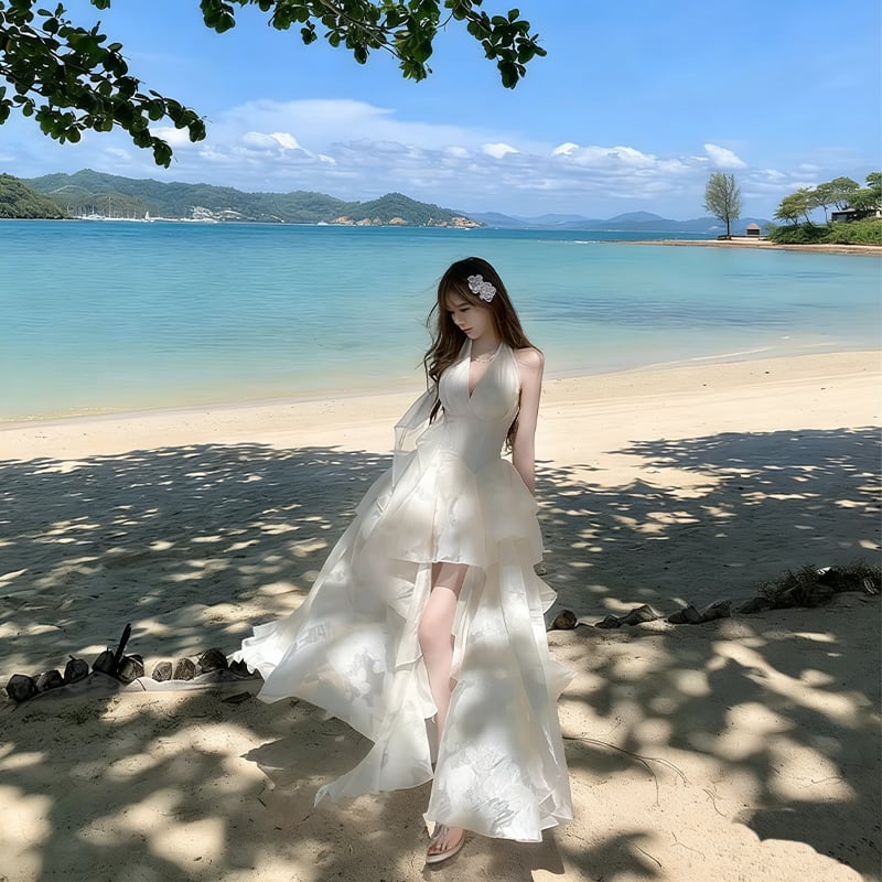 【dress】ホルターネックレースイレヘムワンピース Q8412