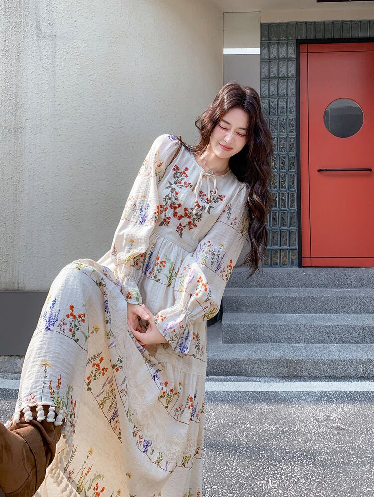 【dress】フリンジ付き花柄ロングワンピース Q8225