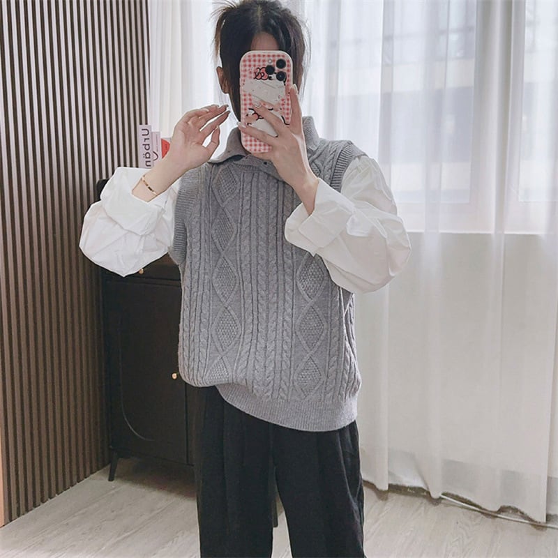 【tops】シャツ切り替えニットセーター　M25782