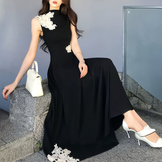 【dress】レースドッキングノースリーブニットワンピース Q8403