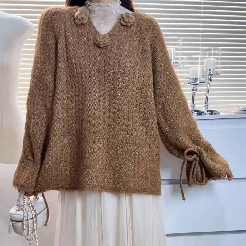 【tops】スパンコール付きニットトップス Q7289