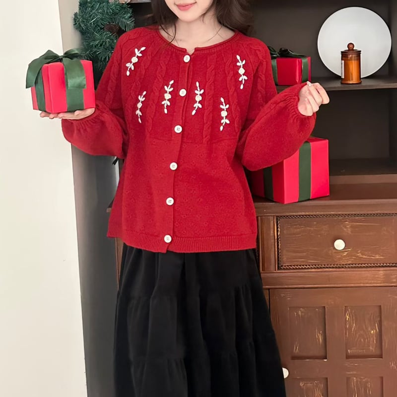 【outer】フラワー刺繡柄ニットカーディガン Q7739