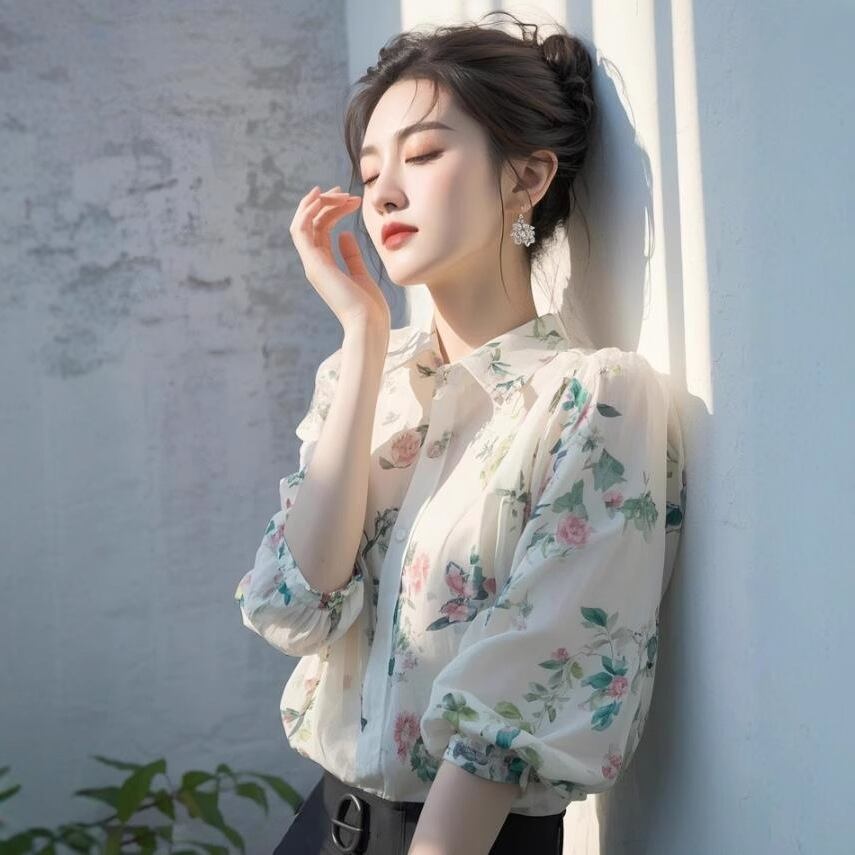 【tops】花柄シャツブラウス　M30092