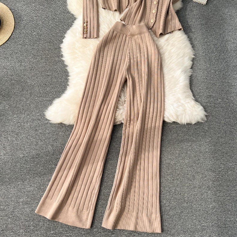 【set】ニットカーディガン+ベスト+ガウチョパンツ3点セットF6989