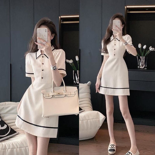 【dress】気質溢れる♪POLOネック半袖韓国ファッション人気配色AラインワンピースF5483