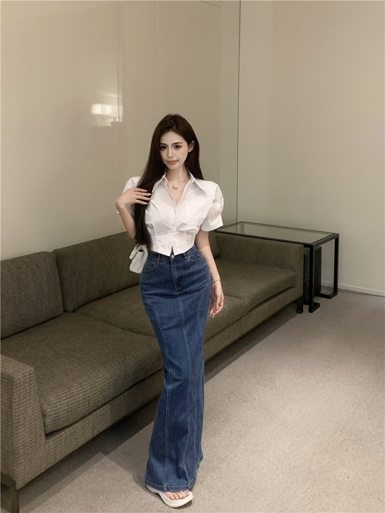 【set】POLOネックシャツ×デニムスカートセット　M23914