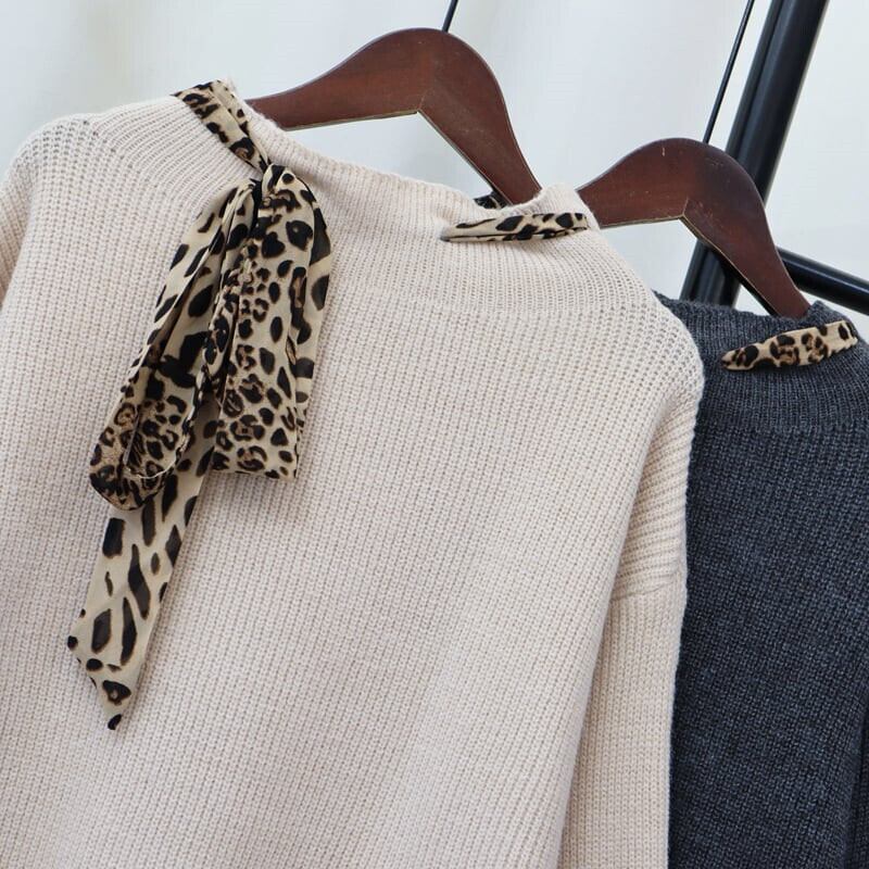 【tops】ヒョウ柄ボウタイニットトップス　M26760