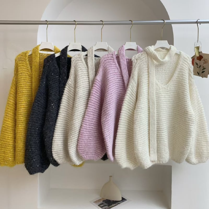 【tops】スカーフ付きニットトップス Q7165