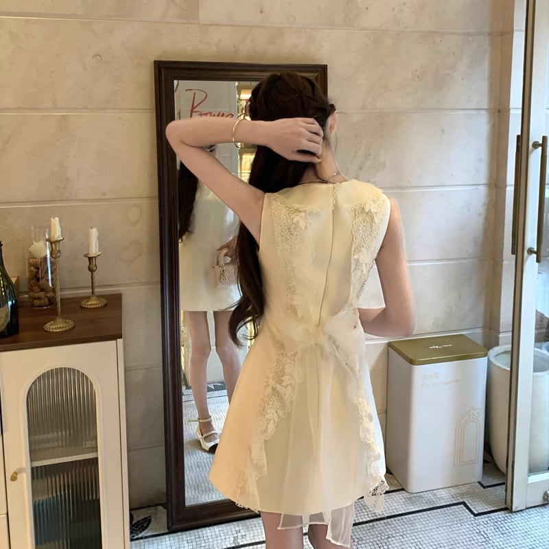 【dress】バックリボンレースドッキングミニワンピース Q8390