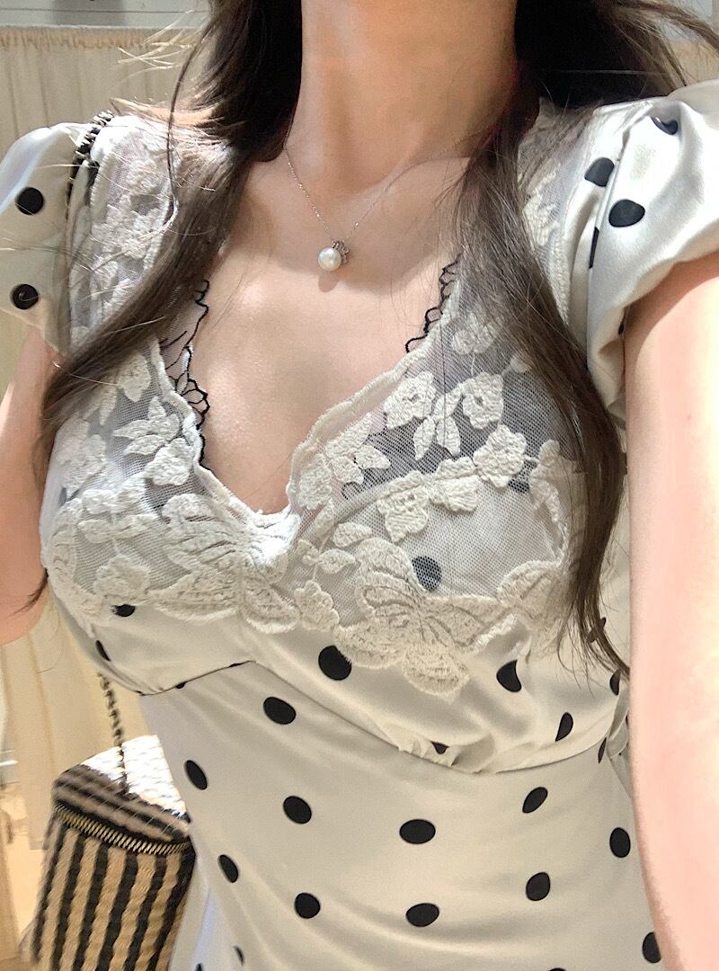 【dress】レースVネックドット柄ワンピース G20640