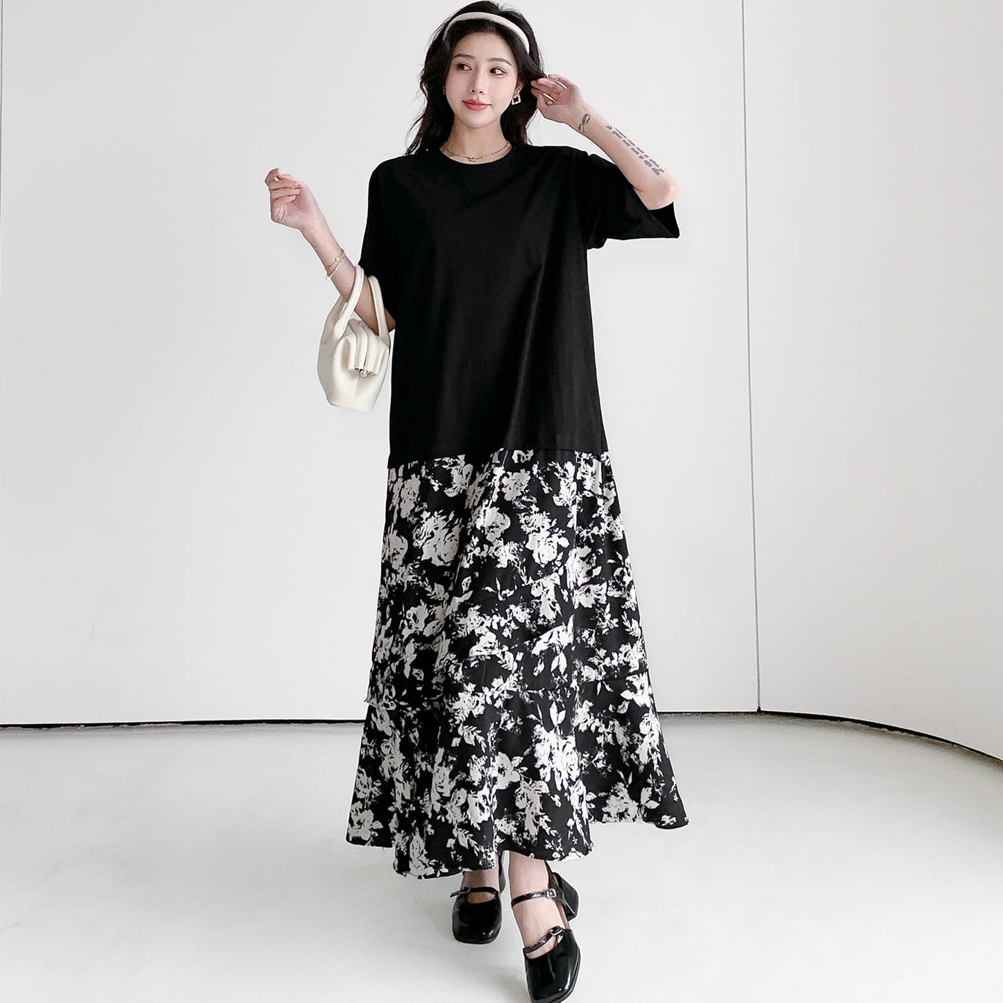 【dress】偽二つ切り替え花柄TシャツワンピースG20456