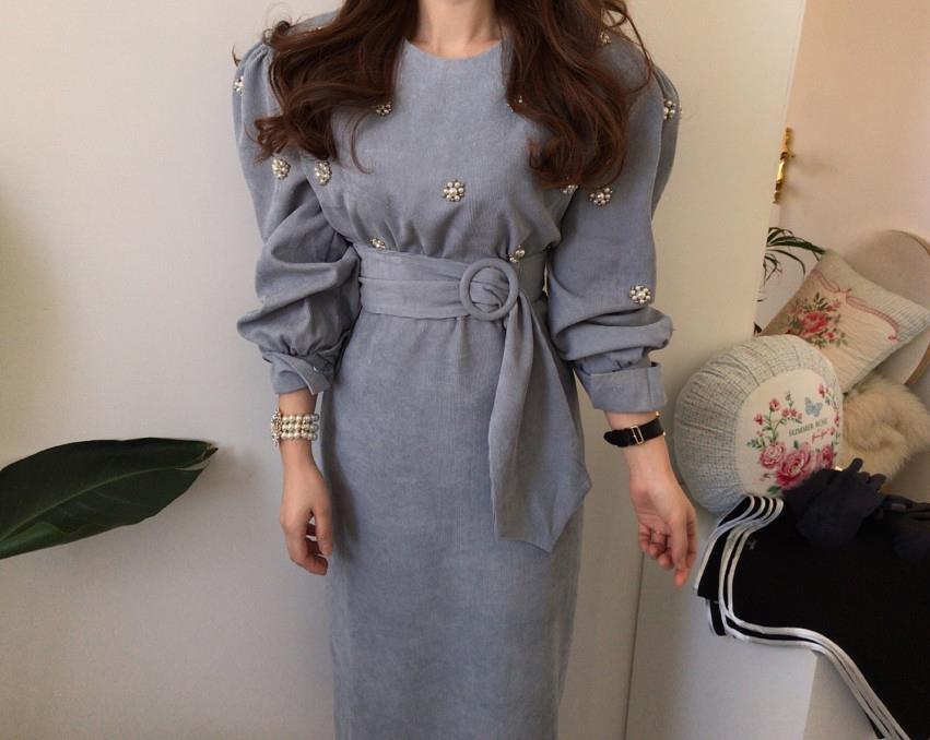 【dress】 韓国系気質満点レトロスウィートパフスリーブ着痩せコールテンワンピース G1775