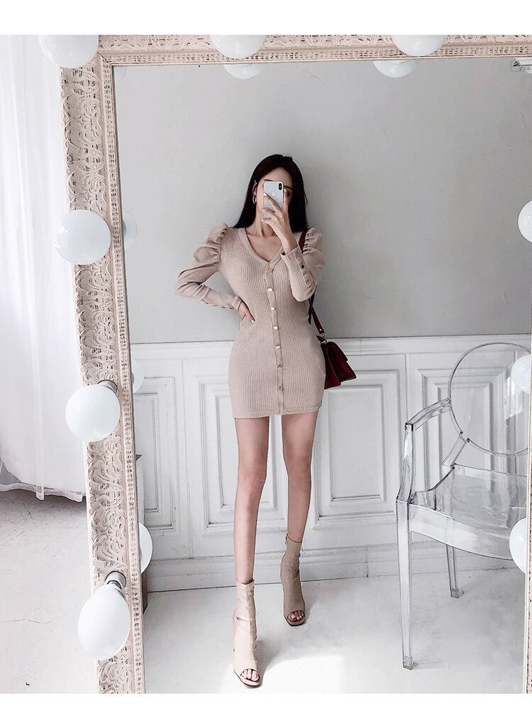 【dress】好感度UP!気質満点レトロ秋冬Vネック体型カバーお洒落ニットワンピース G2420