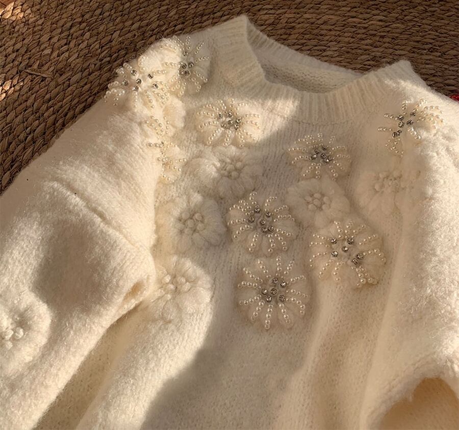 【tops】立体フラワーパールニットトップス　N2807