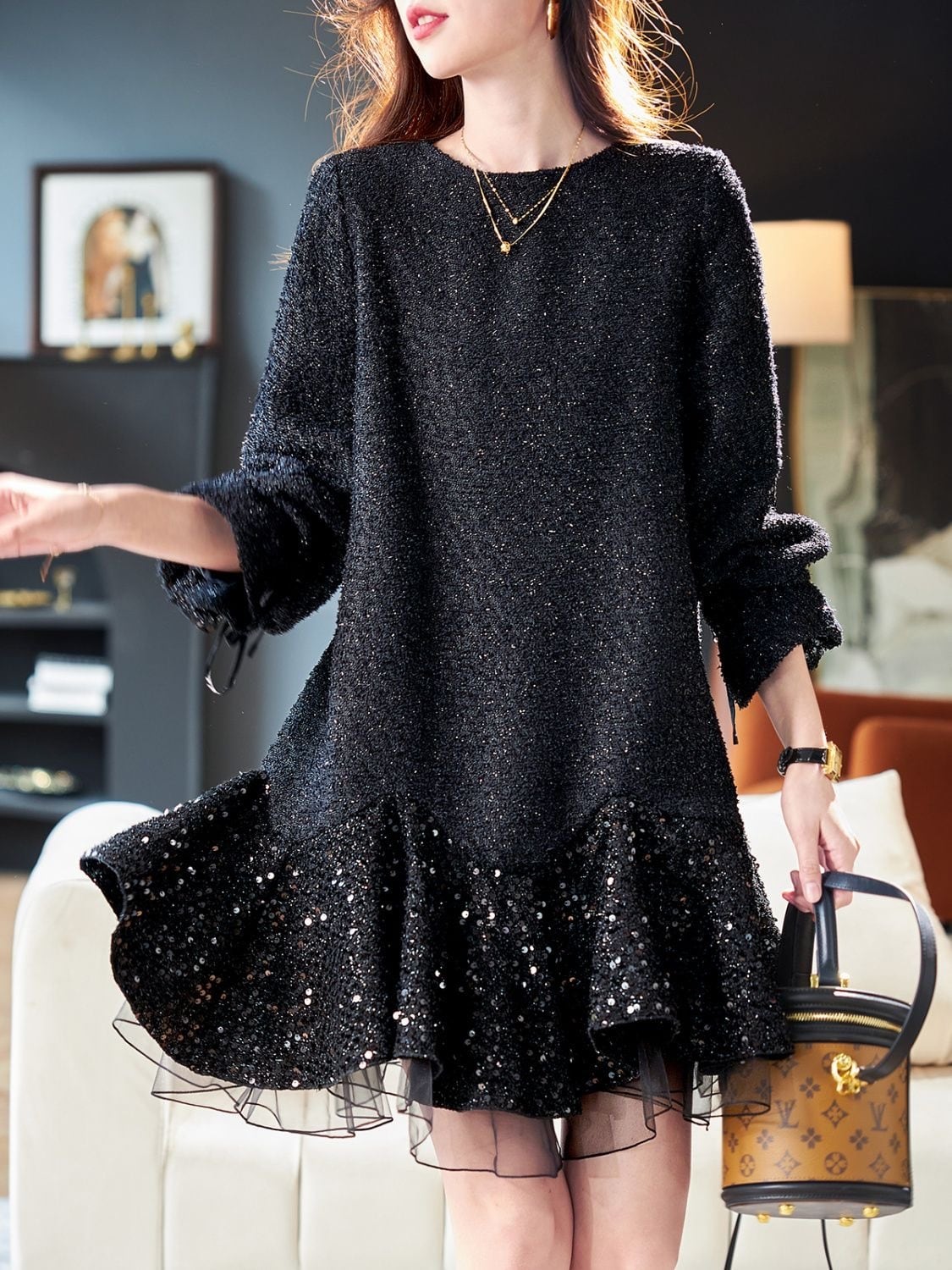 【dress】スパンコール付きチュールドッキングフレアワンピース　N2887