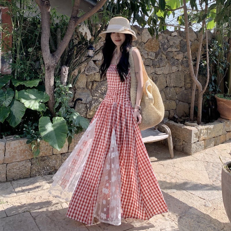 【dress】レースドッキングチェック柄ワンピース　M29795