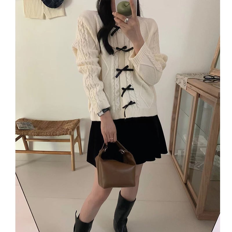 【outer】リボン付きニットカーデ　M17962