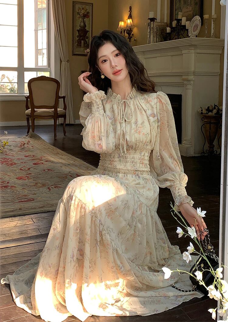 【dress】フラワー柄シフォンAラインロングワンピース Q7978