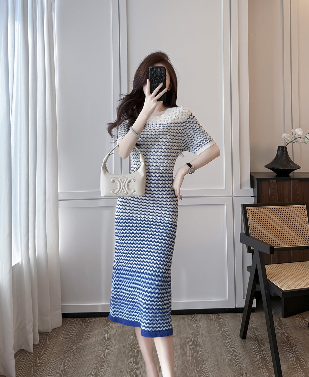 【dress】ウェーブ柄半袖ニットワンピース Q8489