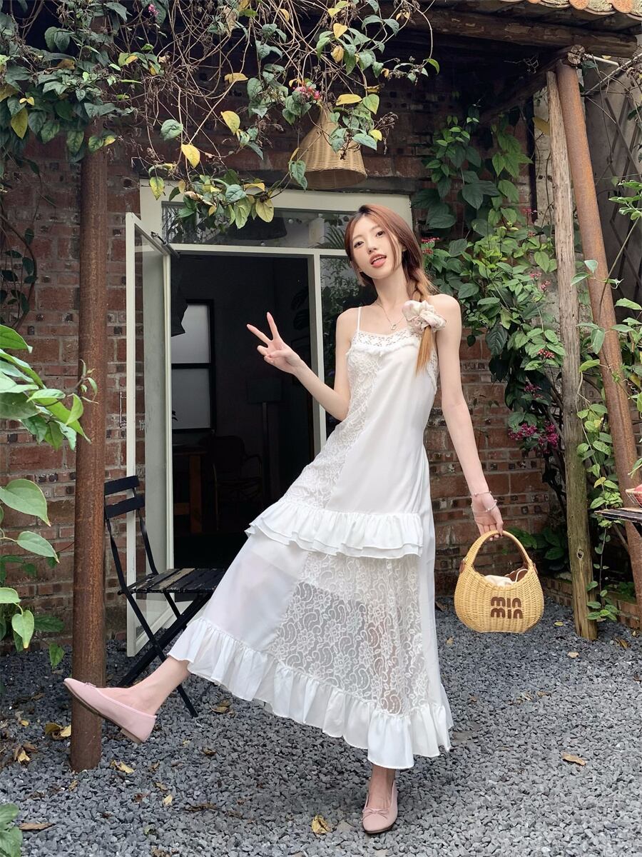 【dress】レースフリル透かし彫りキャミワンピース G21512