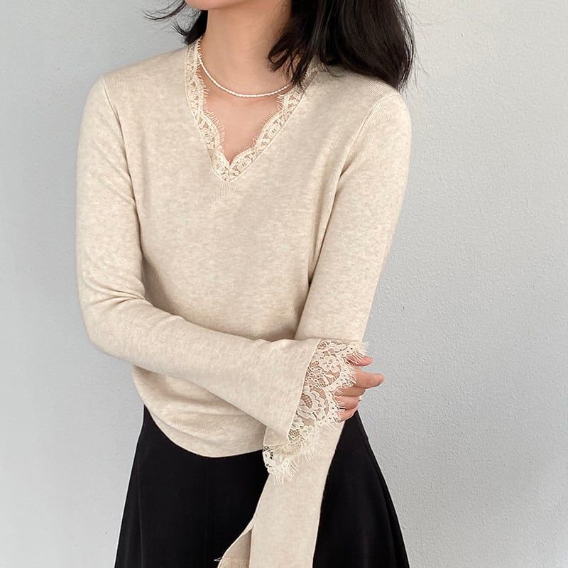 【tops】レースドッキングニットトップス Q7236
