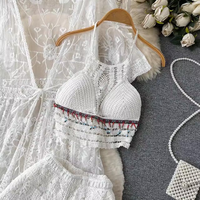 【set】レースカーディガン+キャミソール+ショートパンツ3点セットF7519