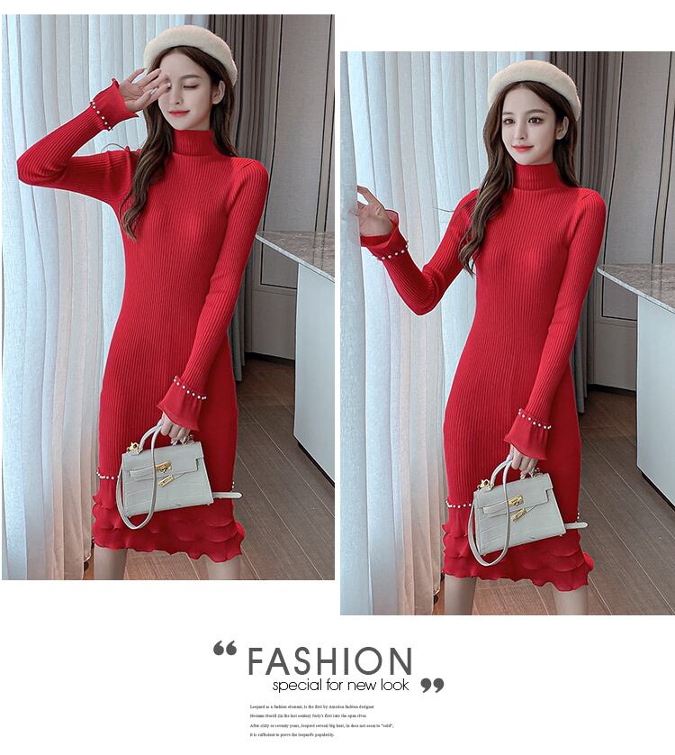 【dress】エレガント!気質満点レトロ体型カバー秋冬新作フリルニットワンピース G3729