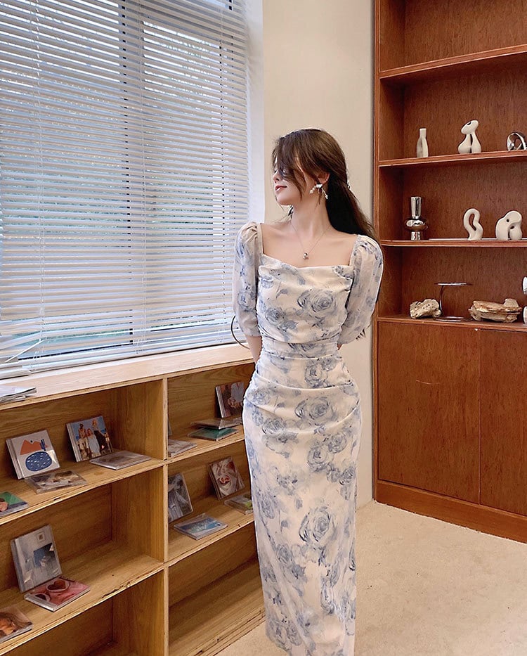 【dress】細身効果抜群♪スクエアネック5分袖花柄配色スリット韓国ファッションギャザーワンピースF2797