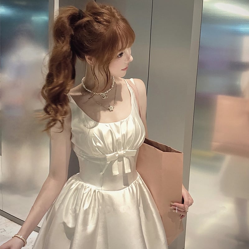 【dress】リボン付きノースリーブフレアワンピース Q7989