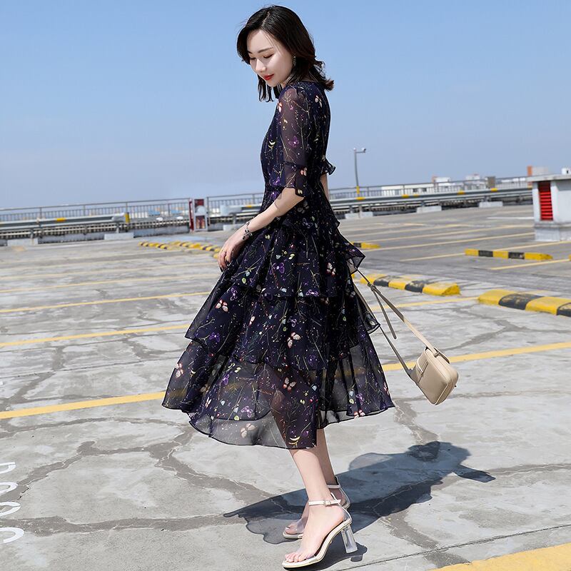 【dress】一目惚れ！Vネックフレアスリーブギャザー花柄ワンピースF0297