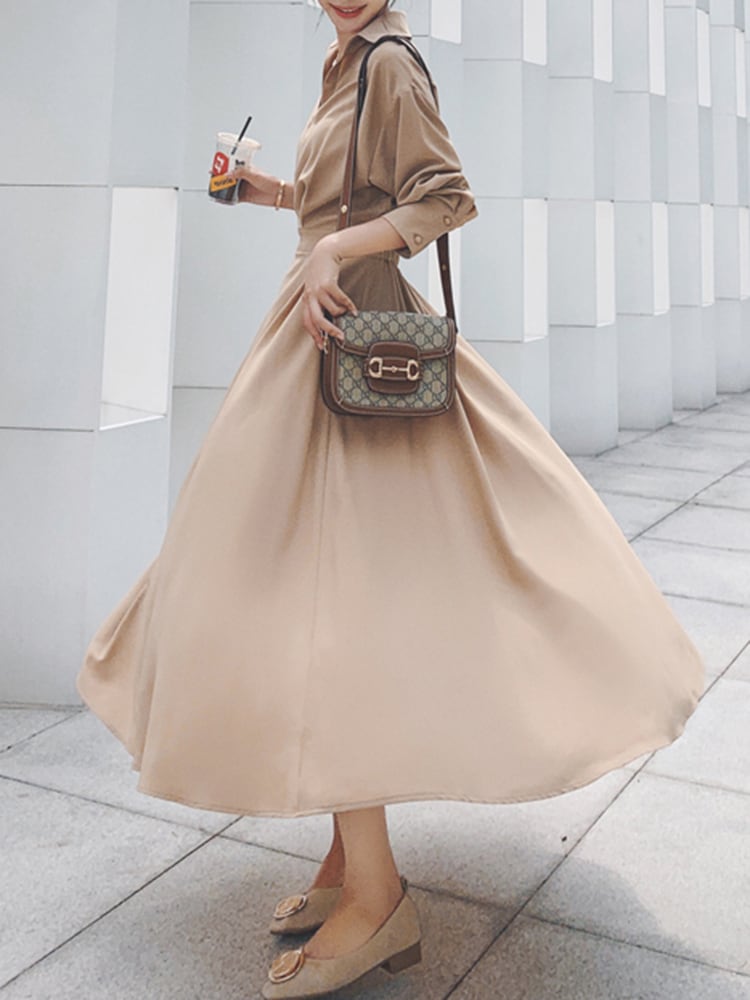 【dress】OL通勤気質満点レトロスウィート長袖Vネック無地着痩せワンピース