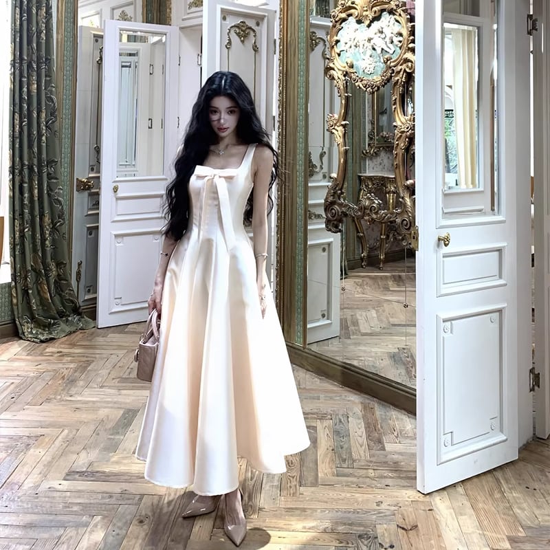 【dress】リボン付きフレアロングキャミワンピース Q8380