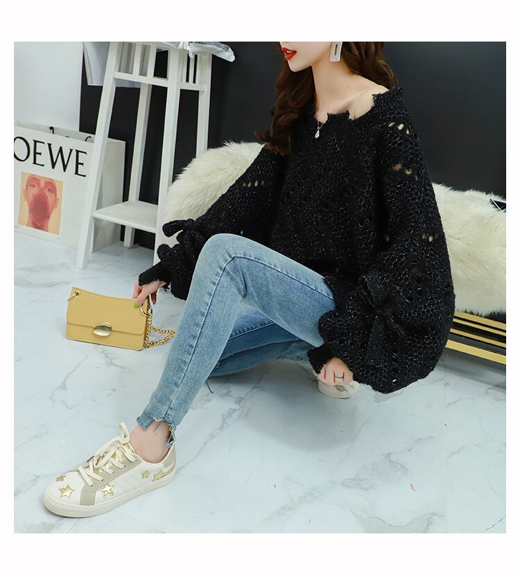 【tops】韓国ファッション3色ラウンドネック長袖透かし彫り薄手ニットセーターF0634