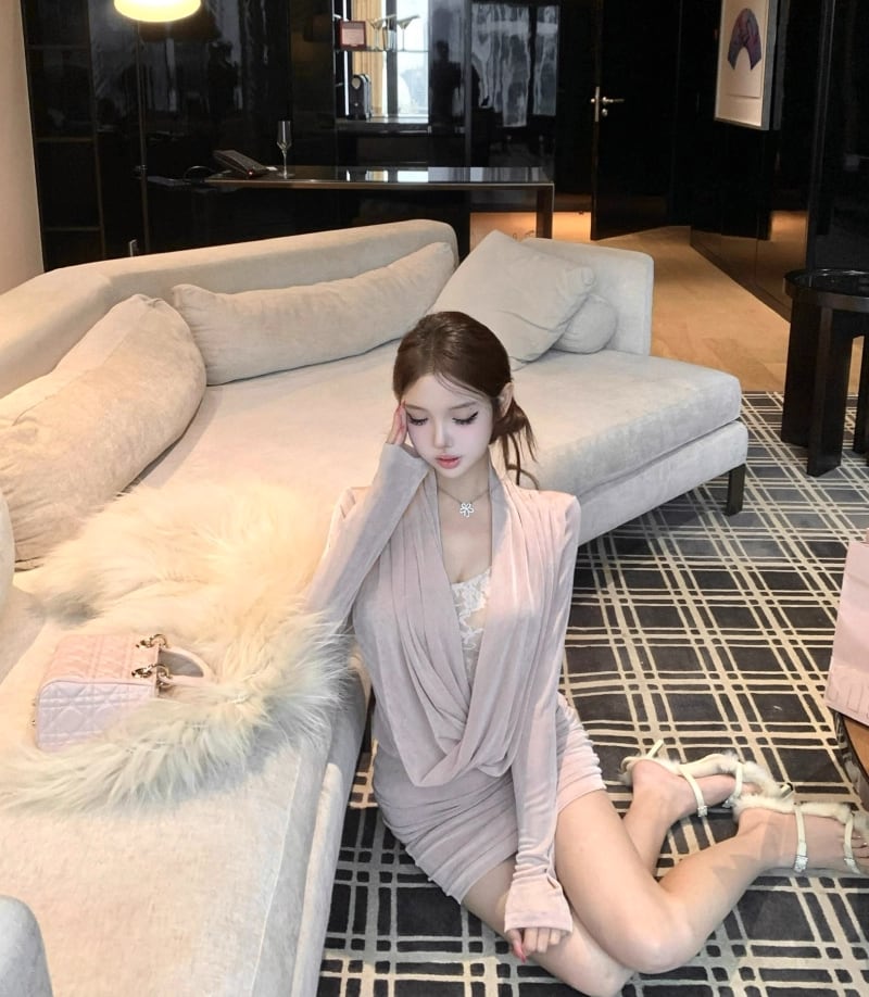【dress】レースドッキングドレープドネックタイトワンピース Q7546