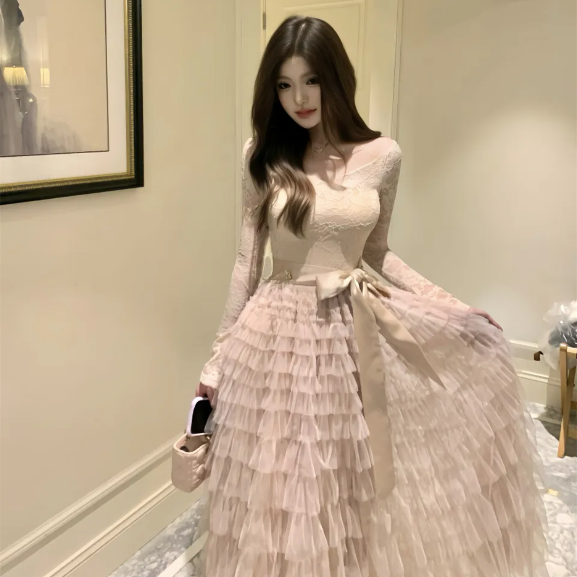 【dress】レースドッキングティアードワンピース　N3475