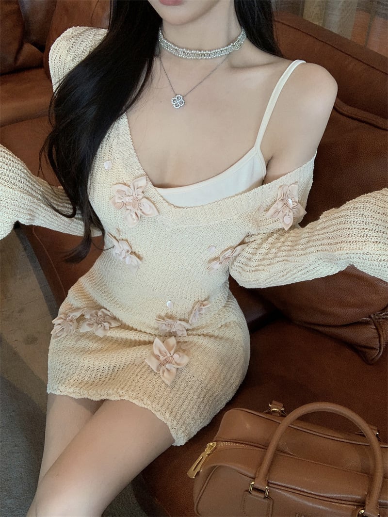 【dress】立体フラワーニットワンピースキャミソール付き　M28428