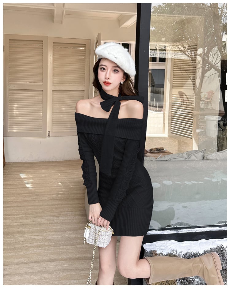 【dress】リボンオフショルニットワンピース　N2855