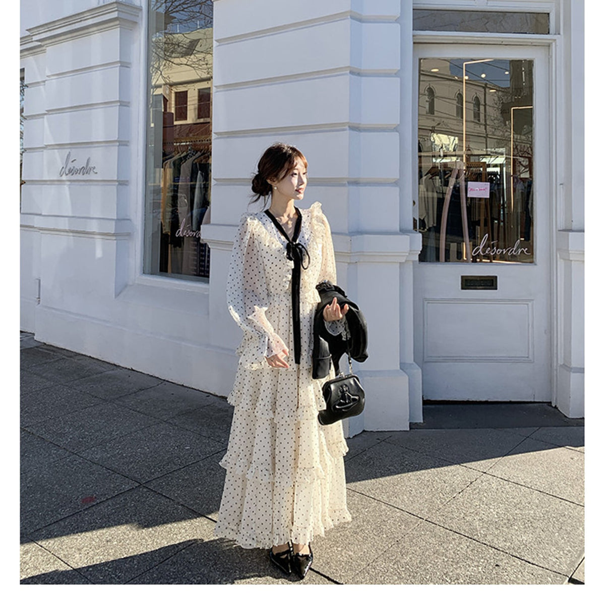 【dress】ビッグリボンドット柄ティアードワンピース　N3324