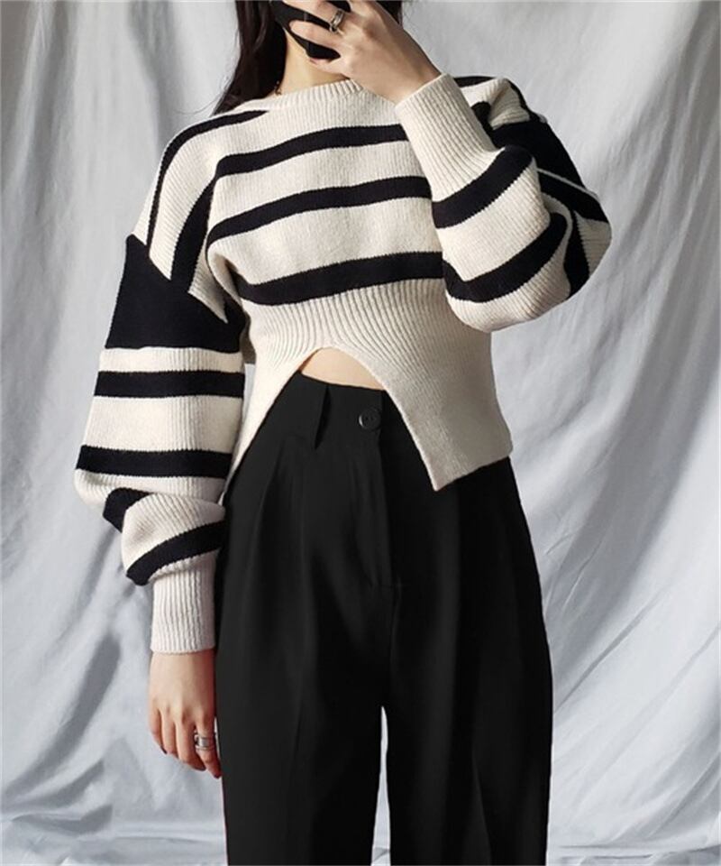 【tops】ボーダー柄ニットセーター　M18448