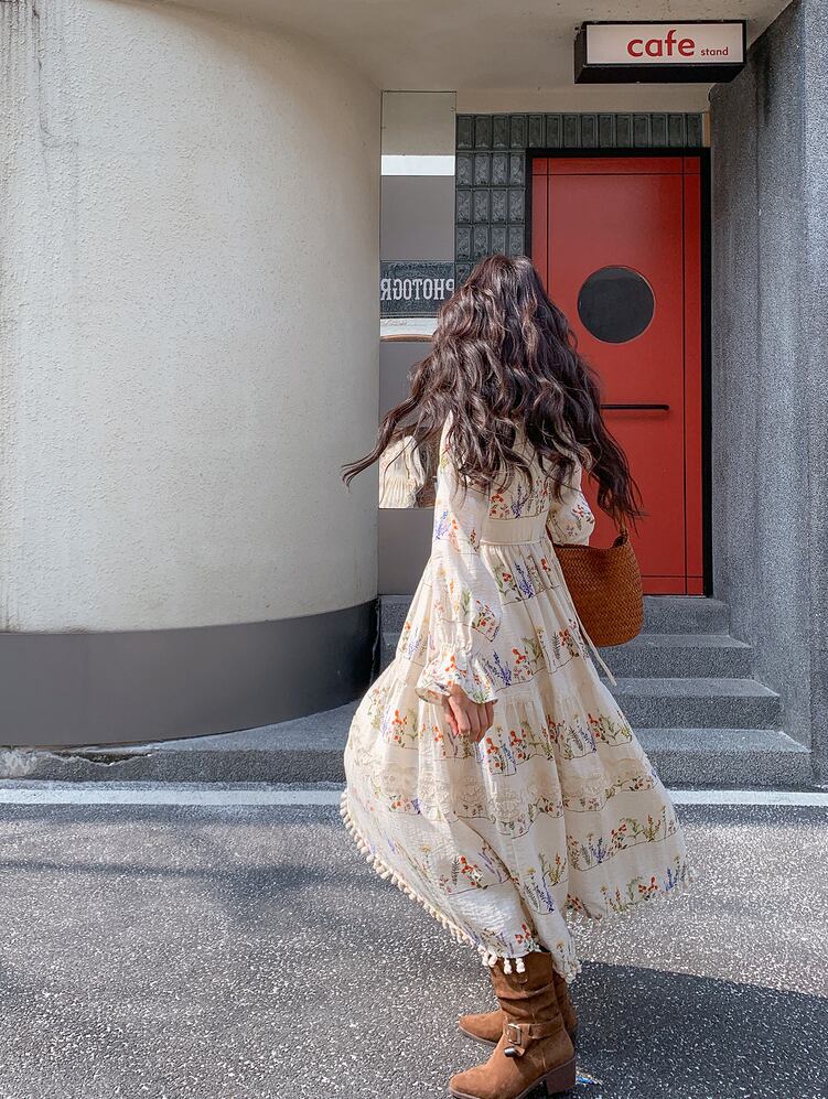 【dress】フリンジ付き花柄ロングワンピース Q8225