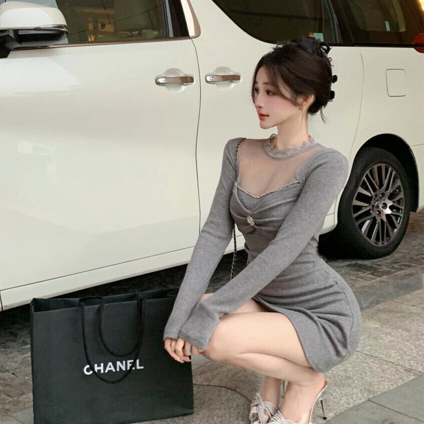 【dress】レース切り替えニットワンピース　M27692