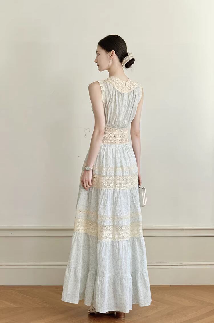 【dress】レースドッキングロングワンピース Q8386