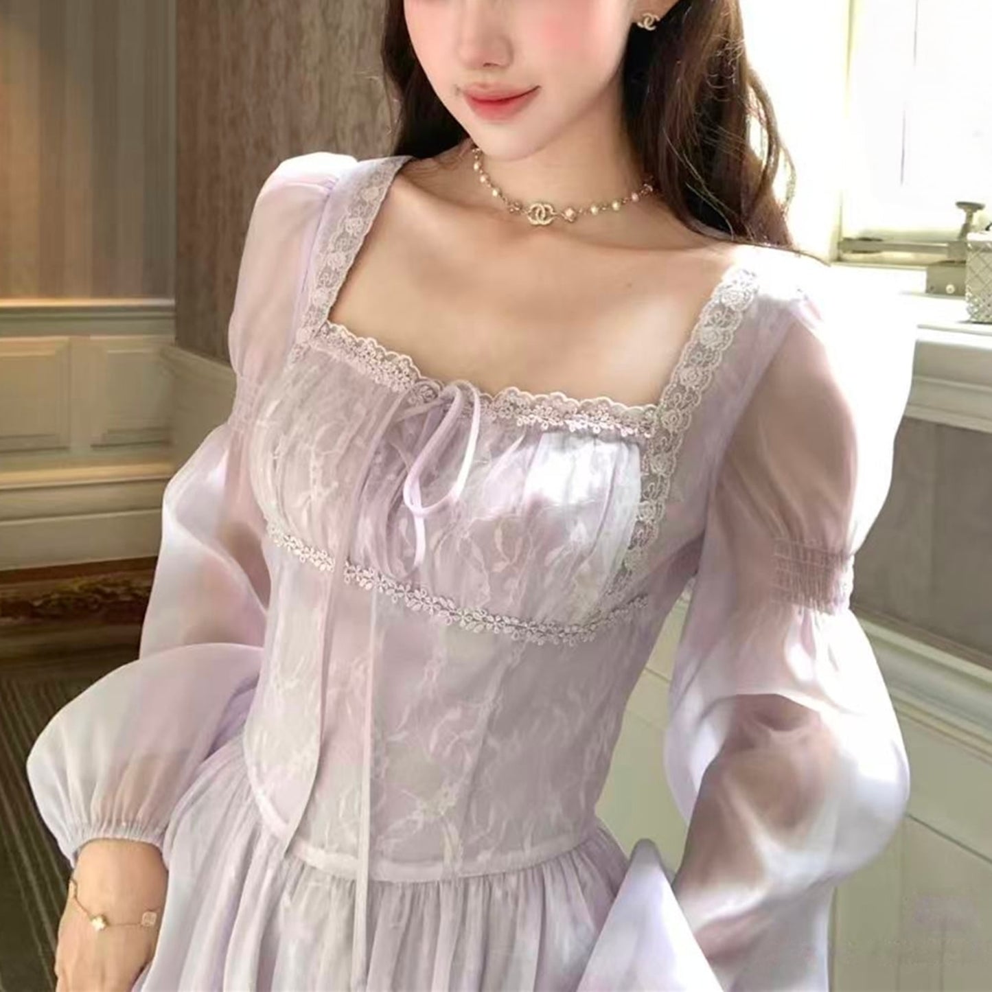 【dress】スクエアネックレースロングワンピース Q6388